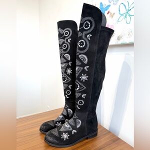 Sundance Suede Black Embroidered OTK tall boots